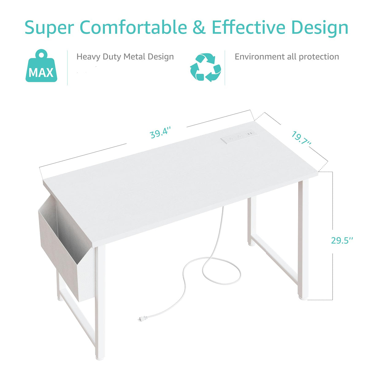 White 40 inch Computer Desk with Power Outlet and Storage Pocket L89455