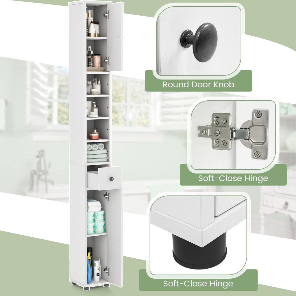 White Tall Slim Bathroom Storage Cabinet with 2 Doors 1 Drawer U77413