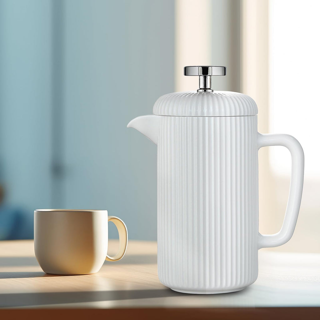 Porcelain French Press 22 fl oz Coffee Tea Maker with Stainless Steel Plunger Ivory D286145