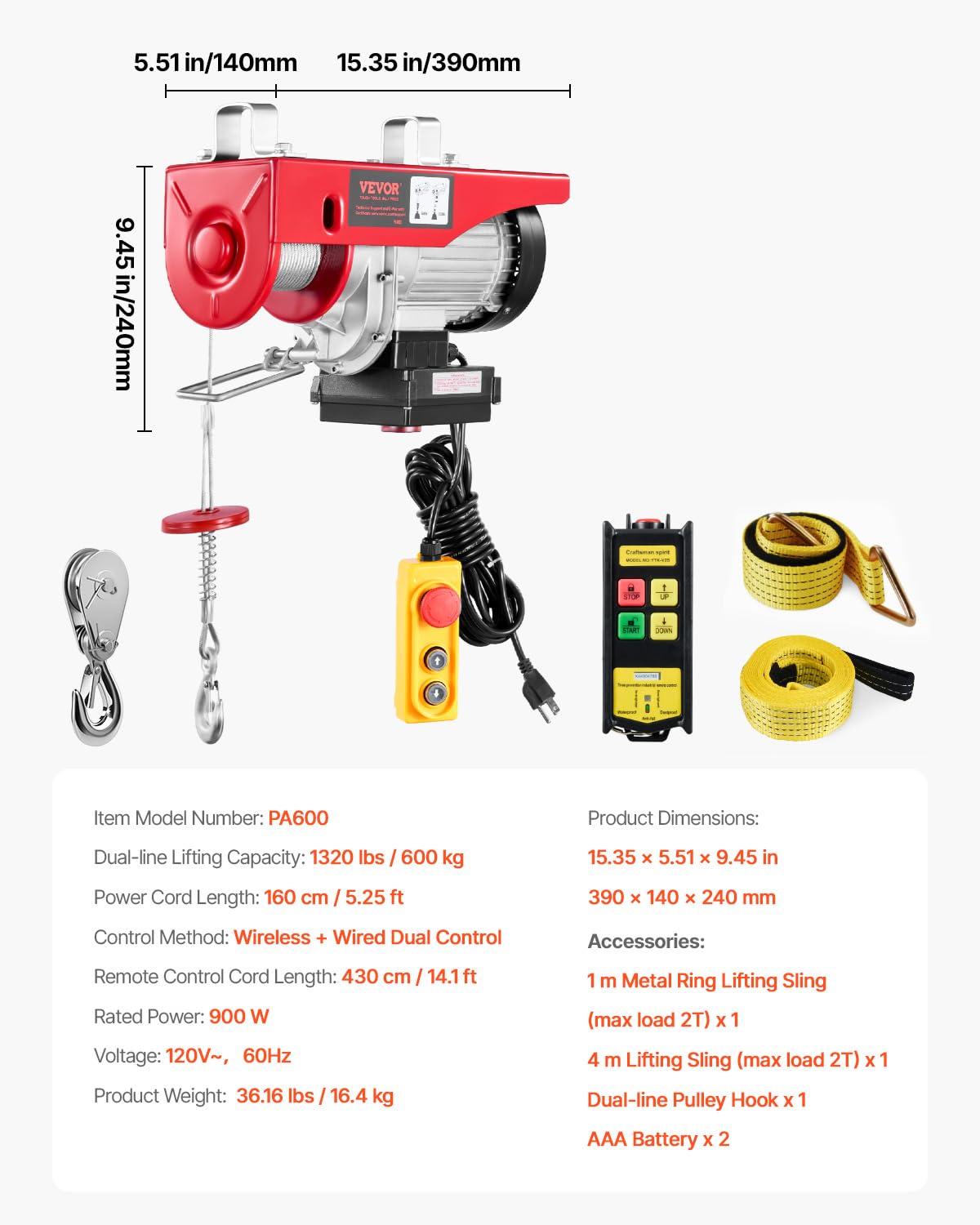 1320 lbs 120V Electric Hoist with Wireless Remote J355