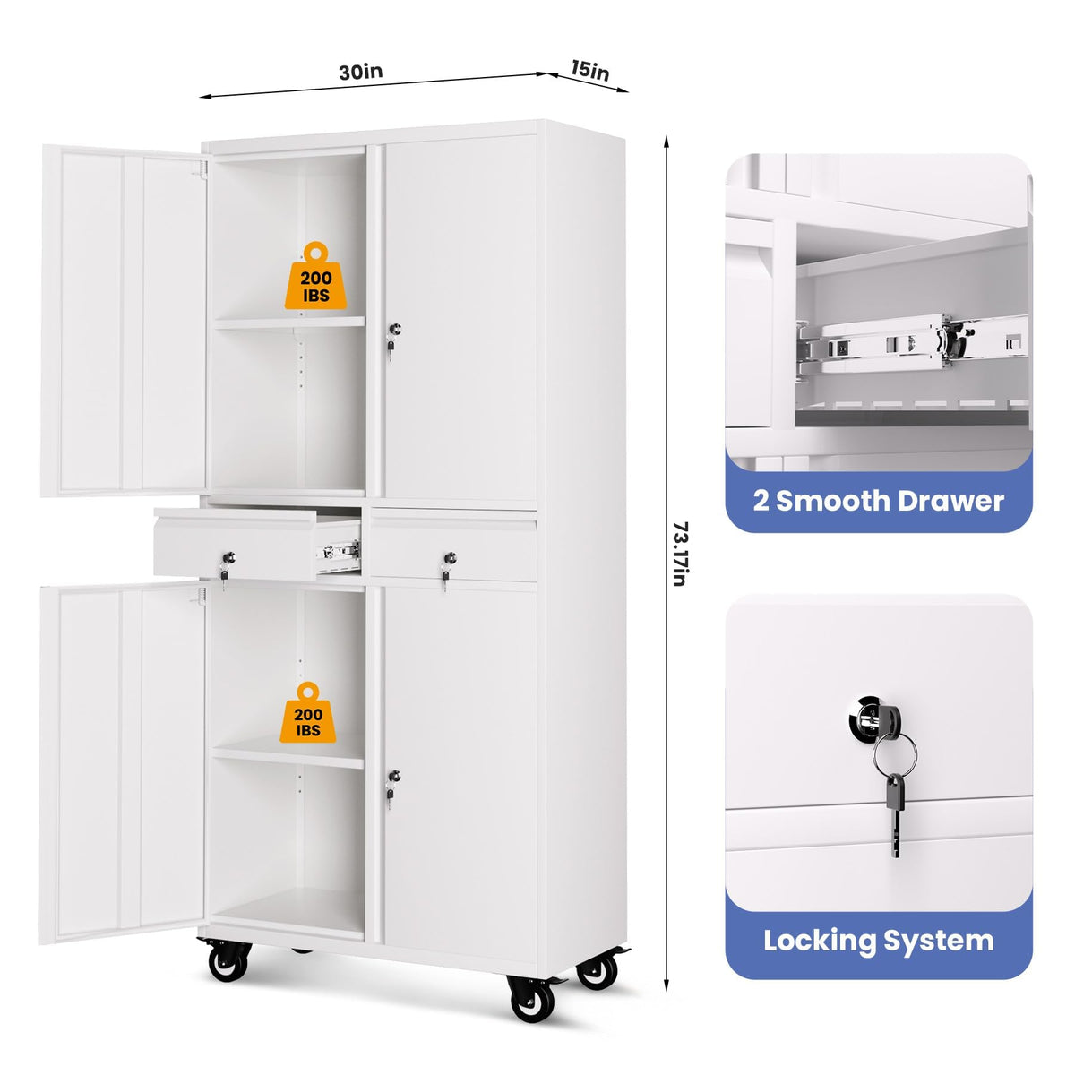 72” Rolling Metal Storage Cabinet with Locking Doors & 2 Drawers W388519