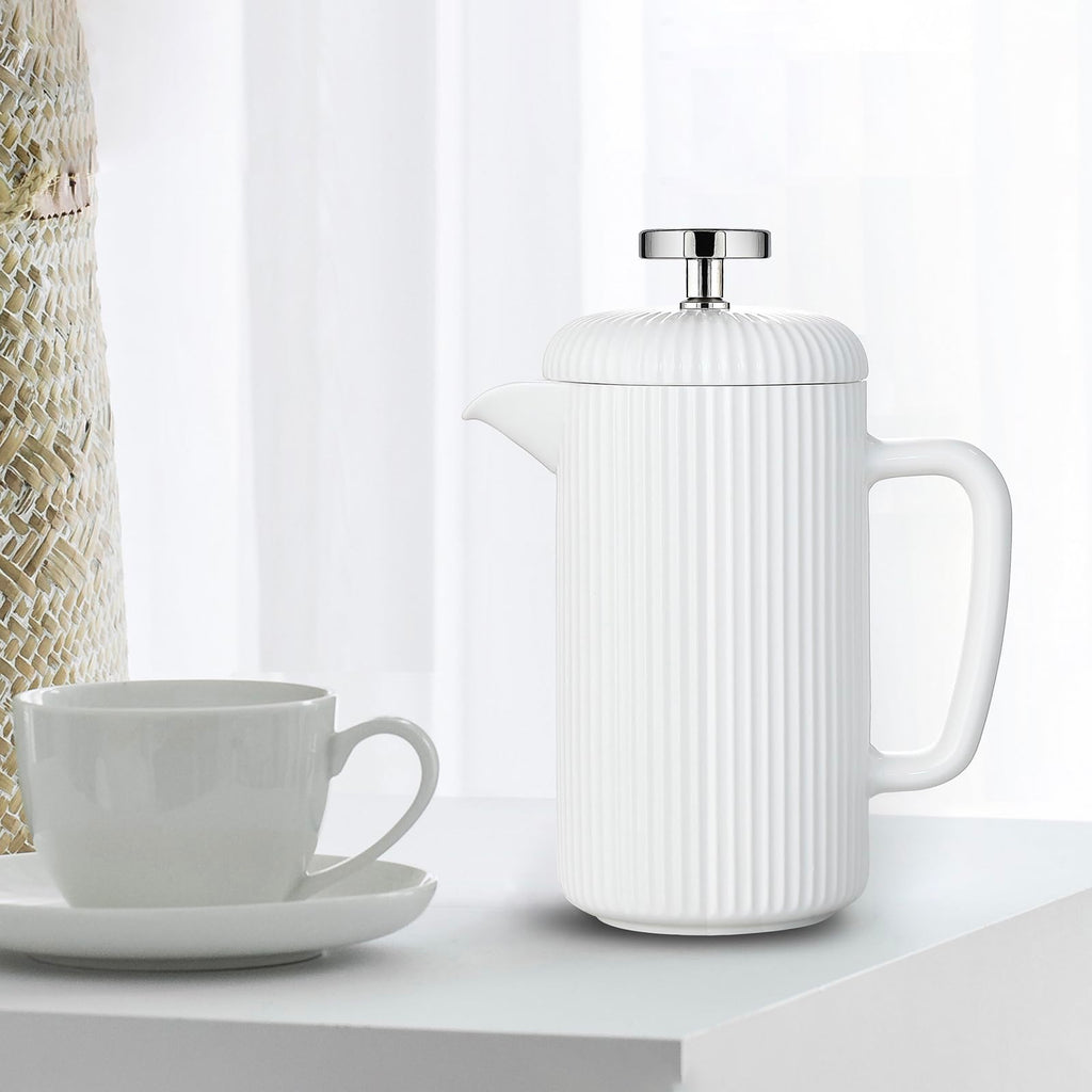 Porcelain French Press 22 fl oz Coffee Tea Maker with Stainless Steel Plunger Ivory D286145