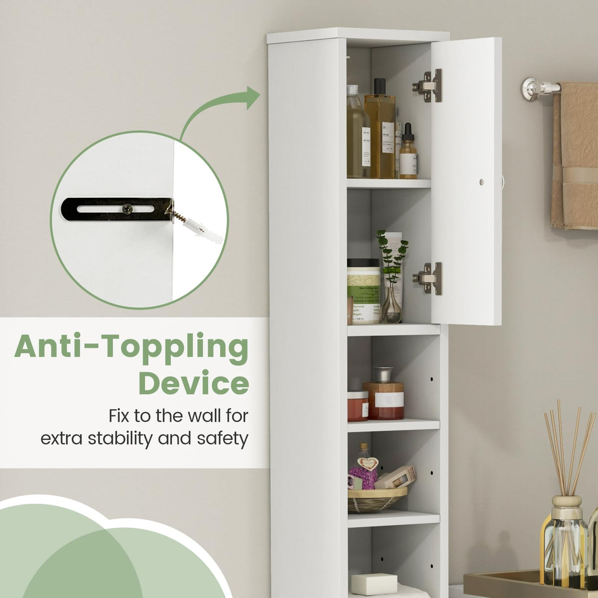 White Tall Slim Bathroom Storage Cabinet with 2 Doors 1 Drawer U77413