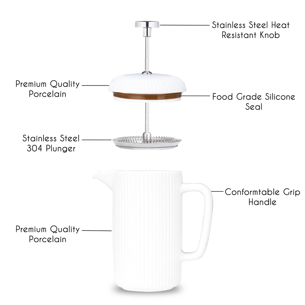 Porcelain French Press 22 fl oz Coffee Tea Maker with Stainless Steel Plunger Ivory D286145