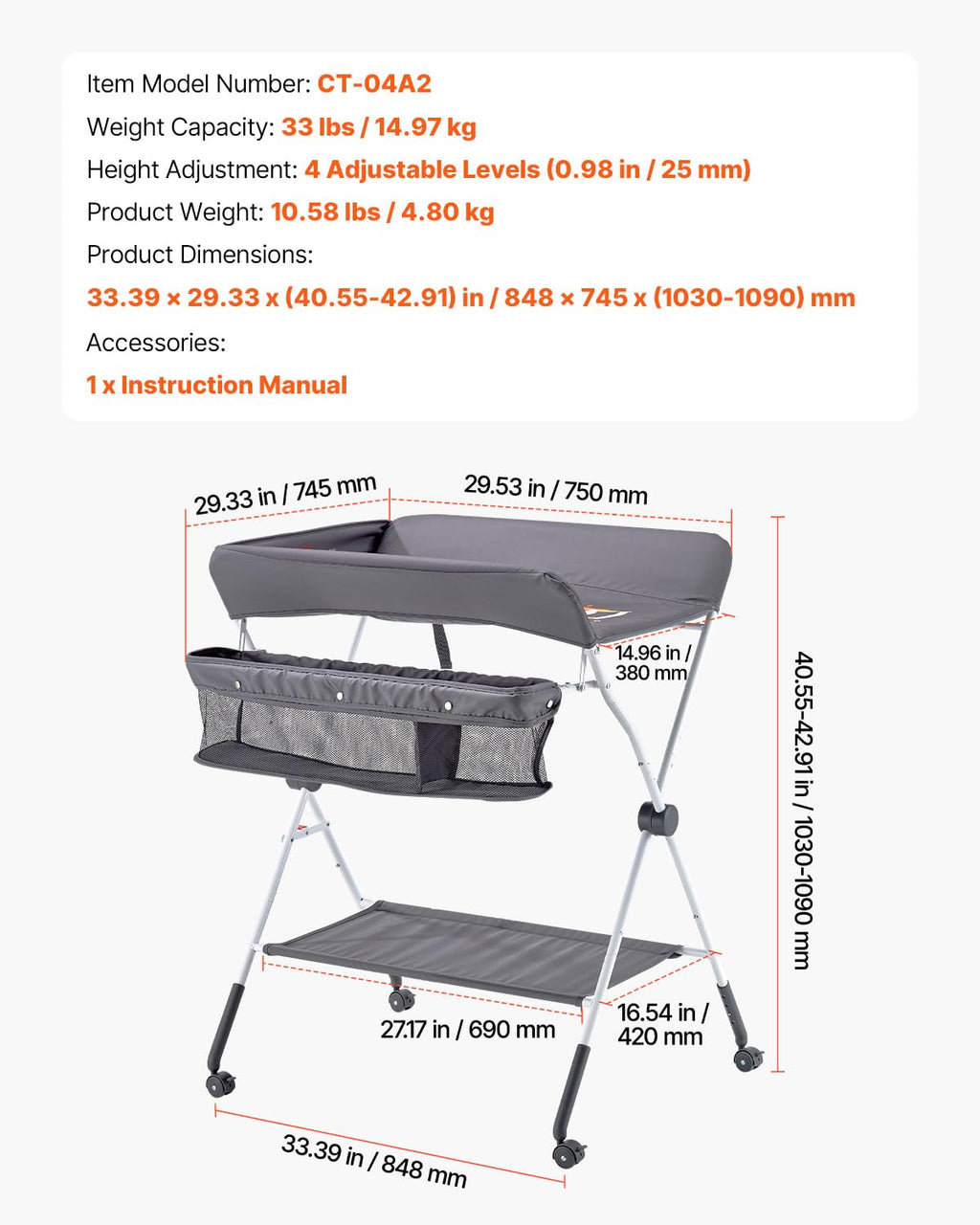 Foldable Baby Changing Table with Side Basket Q7124