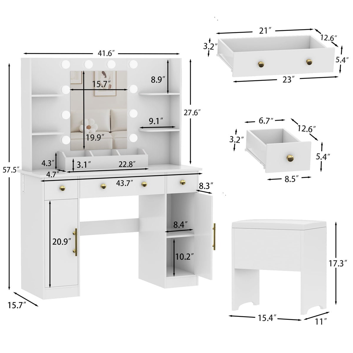 White Vanity Desk with Mirror and Lights, Charging Station, Stool, 3 Drawers and Cabinets Z199
