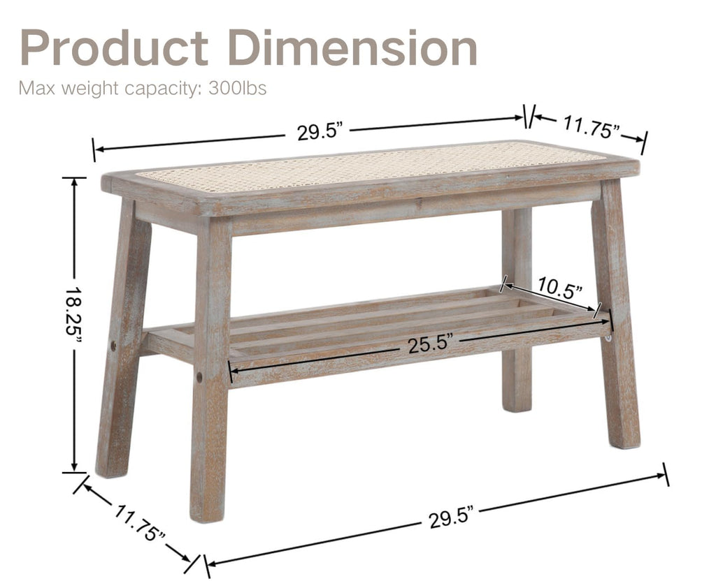 30 Inch Rattan Wooden Entryway Bench with Shoe Rack H778