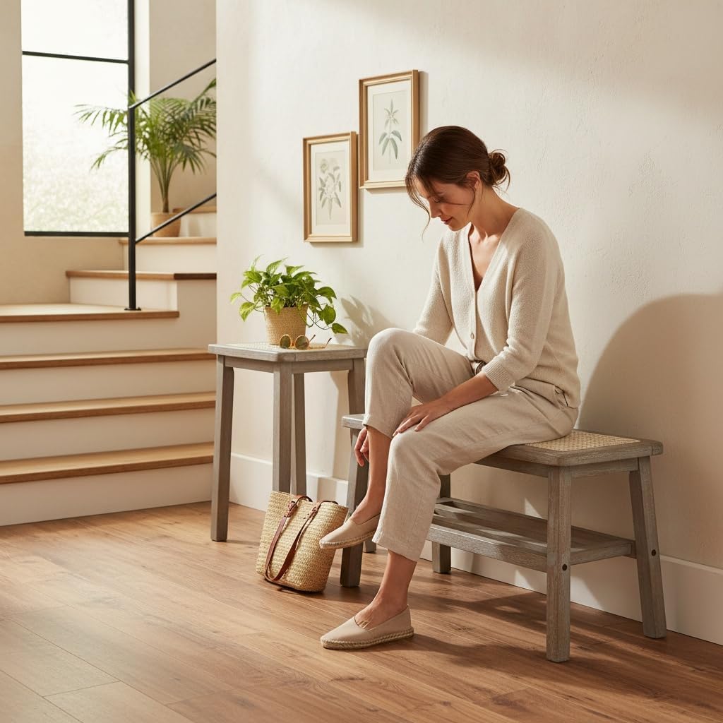 30 Inch Rattan Wooden Entryway Bench with Shoe Rack H778