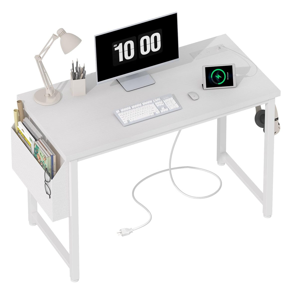 White 40 inch Computer Desk with Power Outlet and Storage Pocket L89455