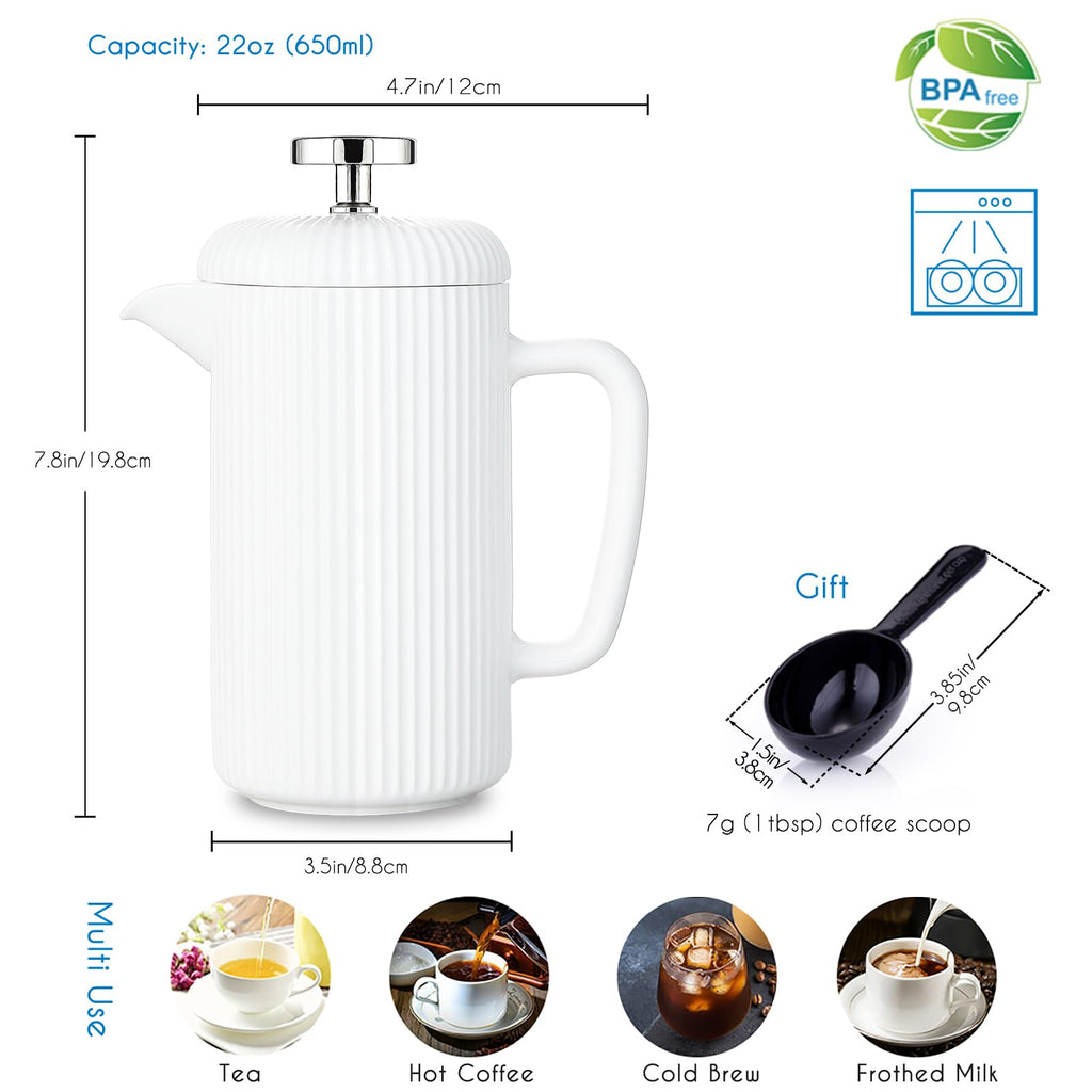 Porcelain French Press 22 fl oz Coffee Tea Maker with Stainless Steel Plunger Ivory D286145