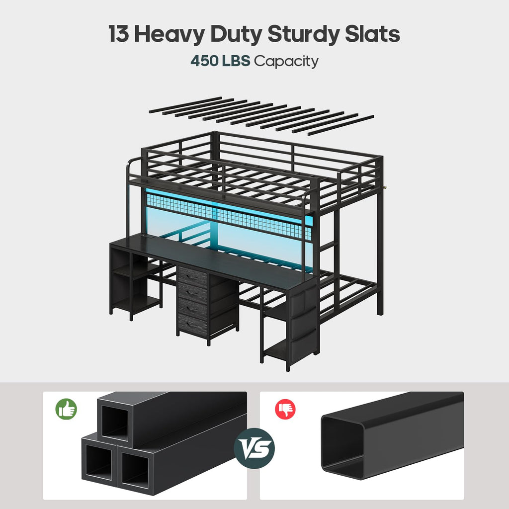 Twin Over Twin Bunk Bed with Desk and LED Lights P7002