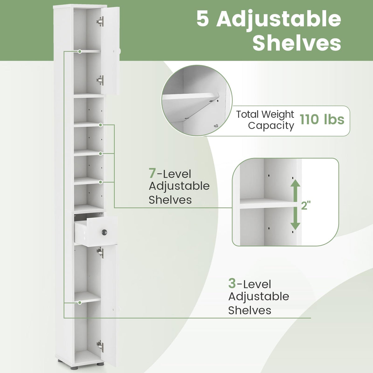 White Tall Slim Bathroom Storage Cabinet with 2 Doors 1 Drawer U77413