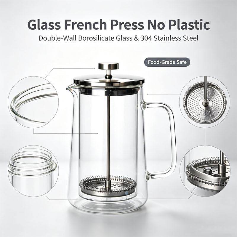Glass French Press Coffee Maker 34oz Borosilicate Stainless Steel Filter U9340