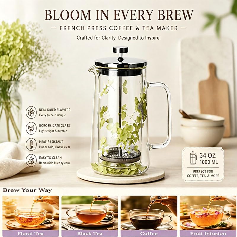 Glass French Press Coffee Maker 34oz Borosilicate Stainless Steel Filter U9340
