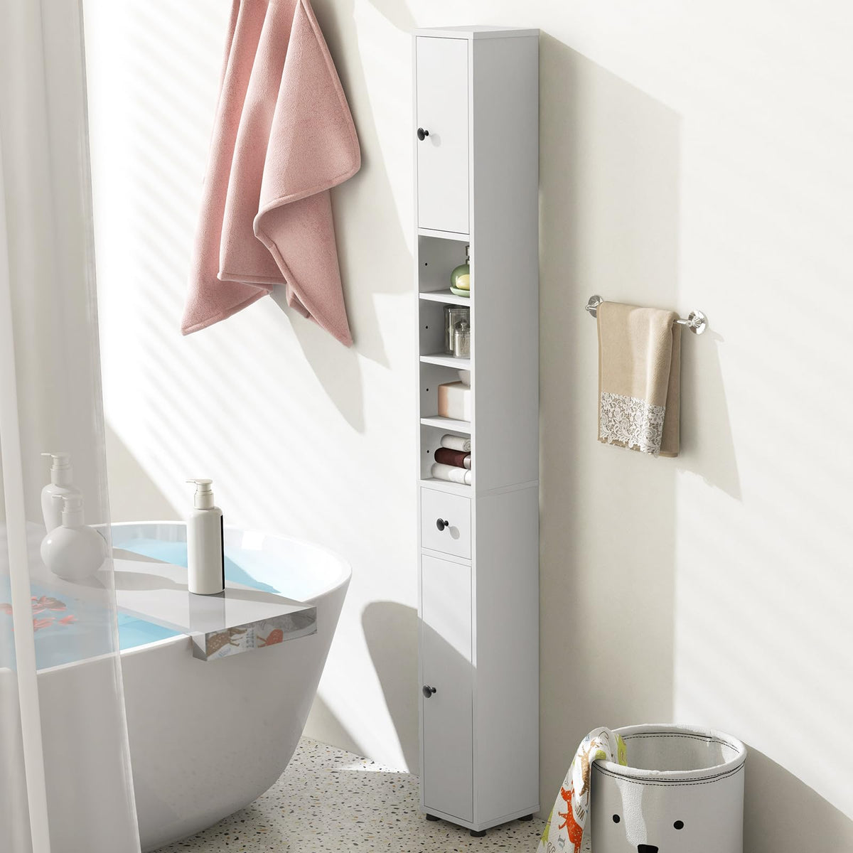 White Tall Slim Bathroom Storage Cabinet with 2 Doors 1 Drawer U77413