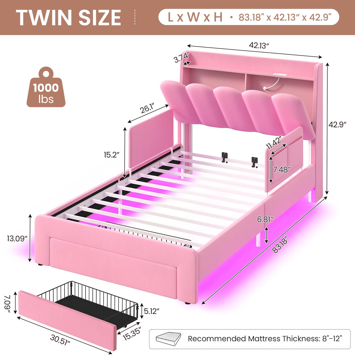 Pink Velvet Upholstered Twin Size Platform Bed with Storage Drawer K45787