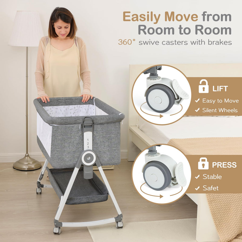 Portable Bedside Bassinet with Waterproof Mattress, Grey I9413