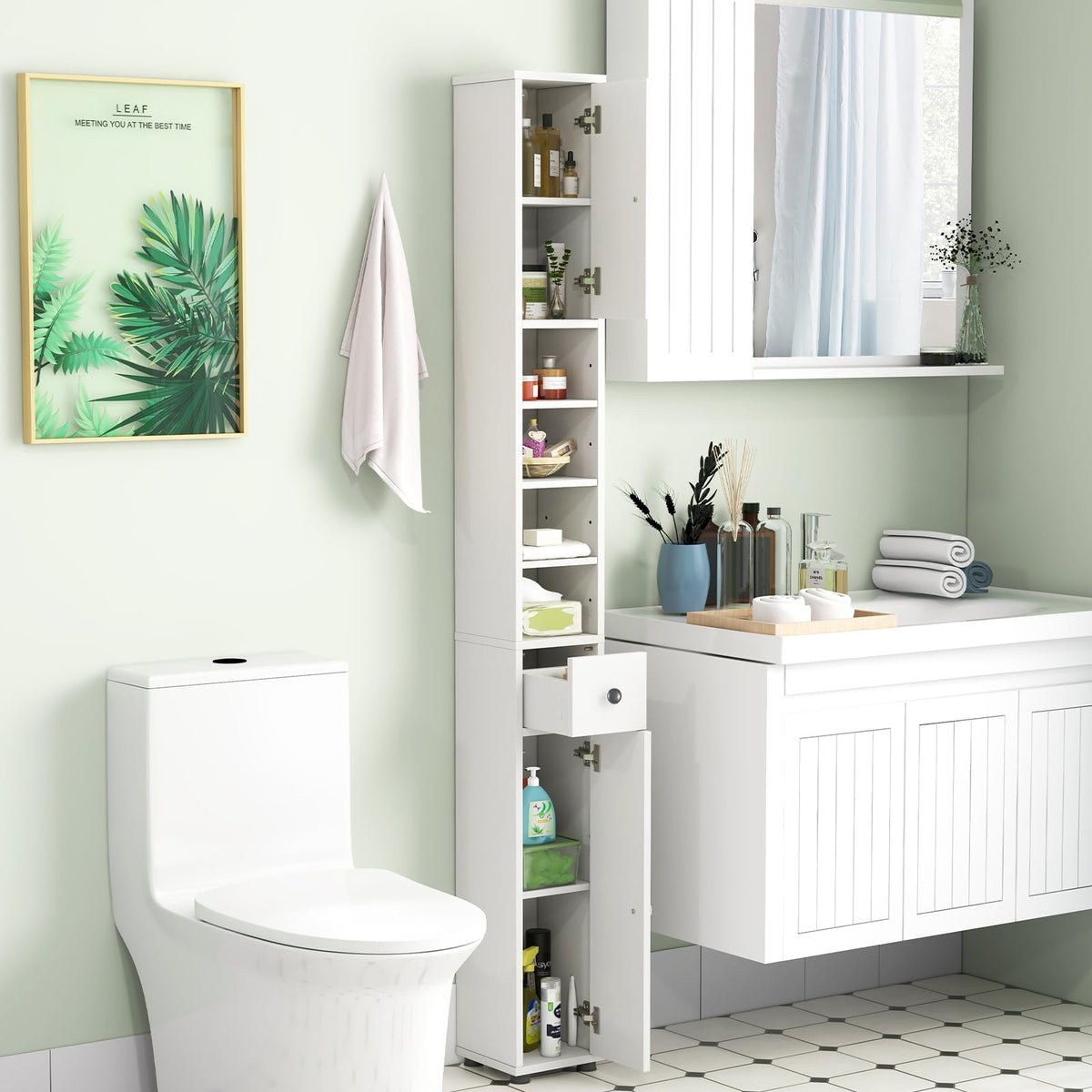 White Tall Slim Bathroom Storage Cabinet with 2 Doors 1 Drawer U77413