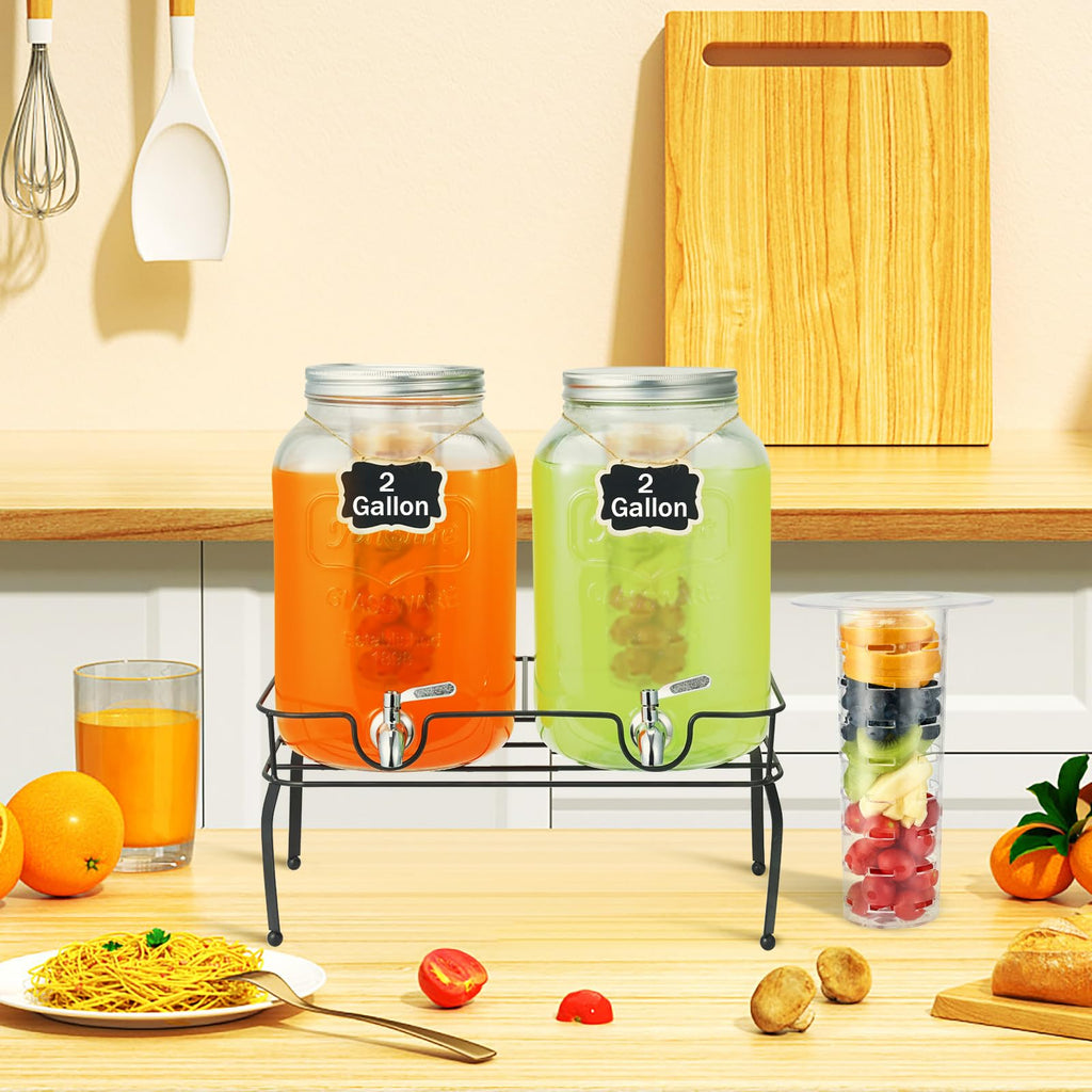 2 Gallon Glass Beverage Dispenser with Stand & Fruit Infuser L3693