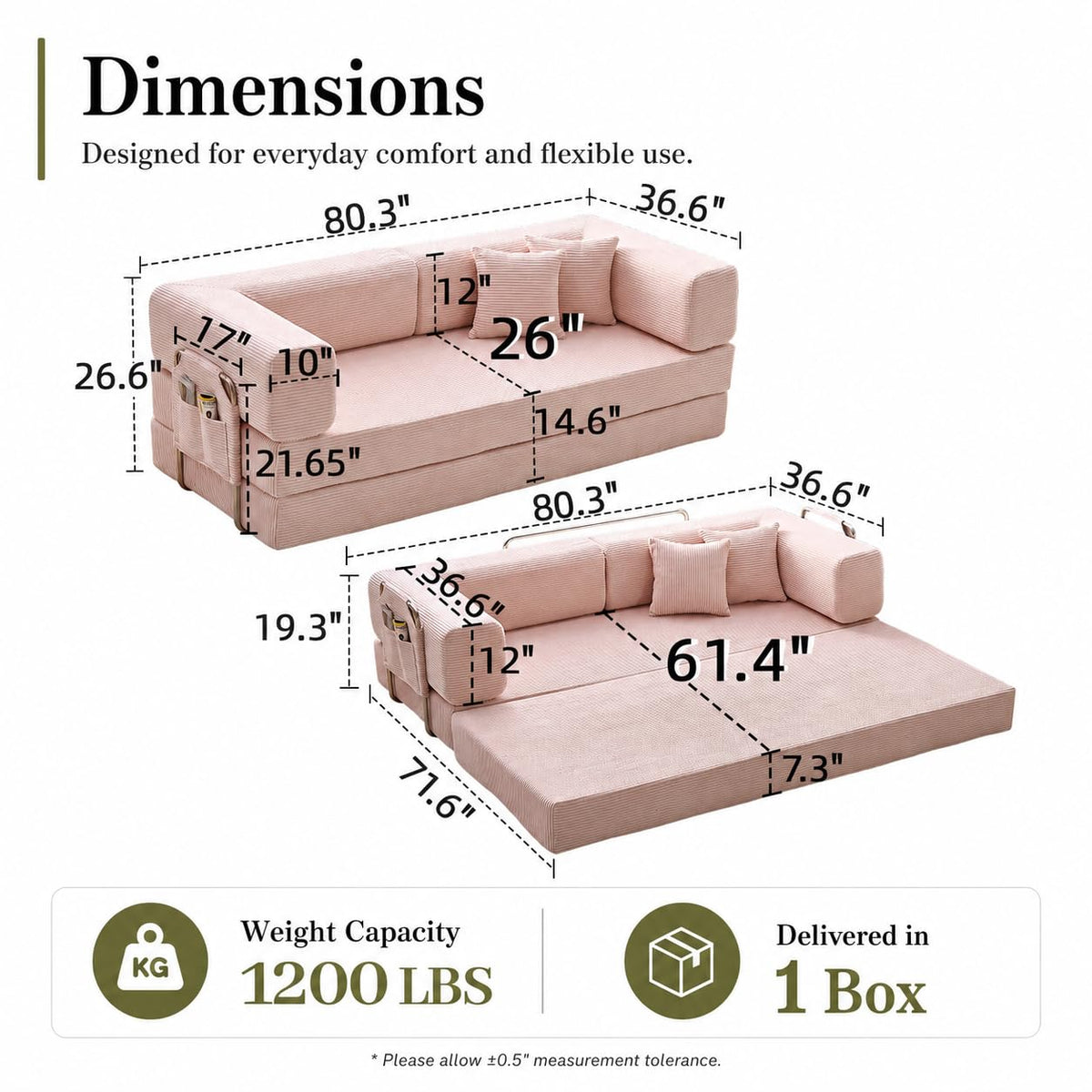 Folding Convertible Corduroy Sofa Bed King Size V541