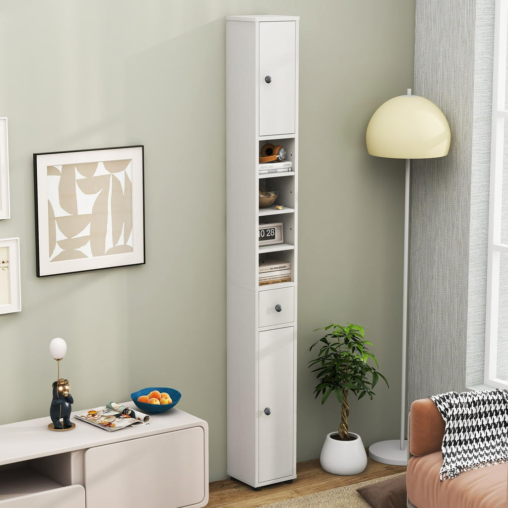 White Tall Slim Bathroom Storage Cabinet with 2 Doors 1 Drawer U77413