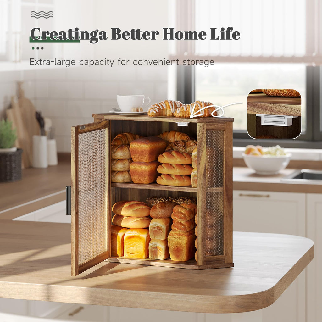 2-Tier Acacia Wood Bread Box with Window J88422