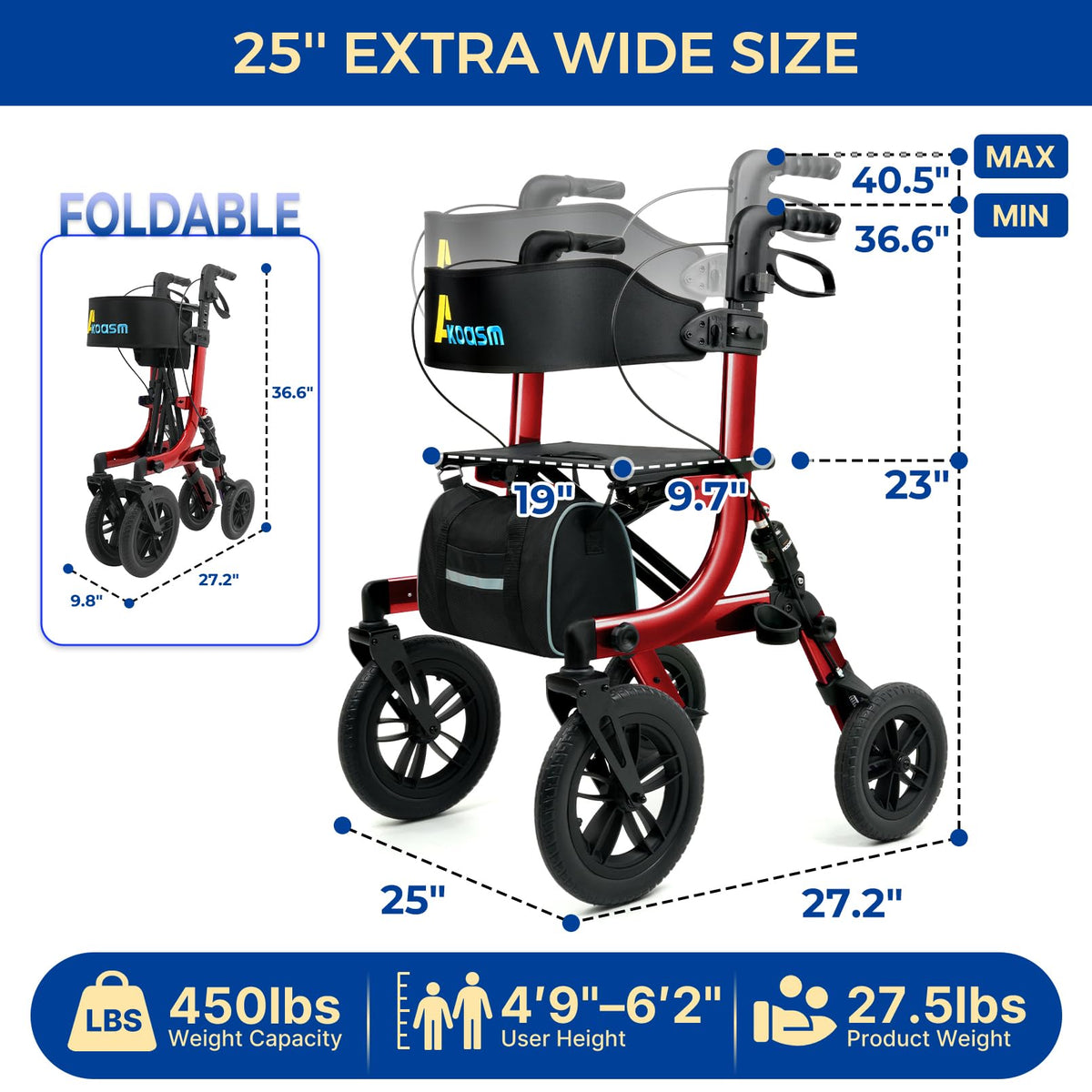 Outdoor Rollator Walkers with 12" Front Wheels P9488