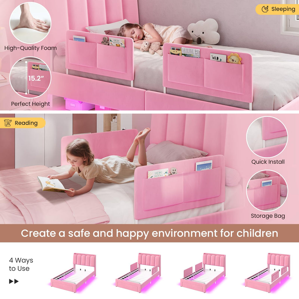Pink Velvet Upholstered Twin Size Platform Bed with Storage Drawer K45787