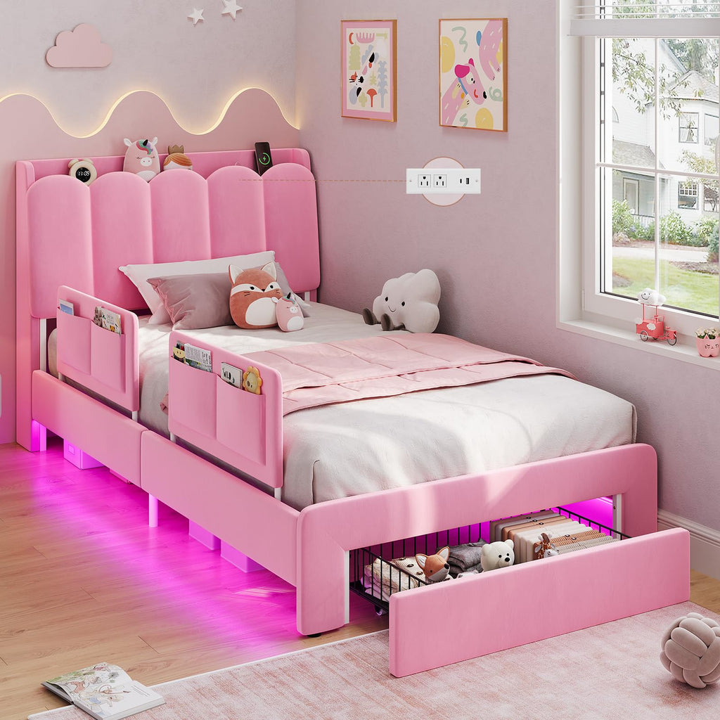 Pink Velvet Upholstered Twin Size Platform Bed with Storage Drawer K45787
