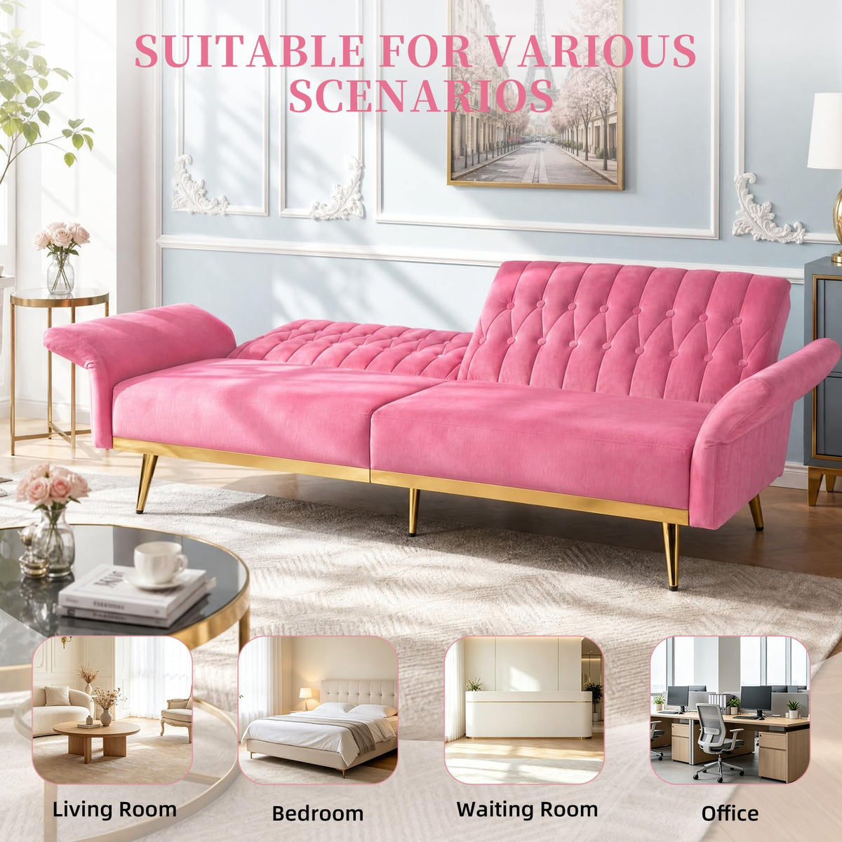 Pink Velvet Futon Sofa Bed I582581