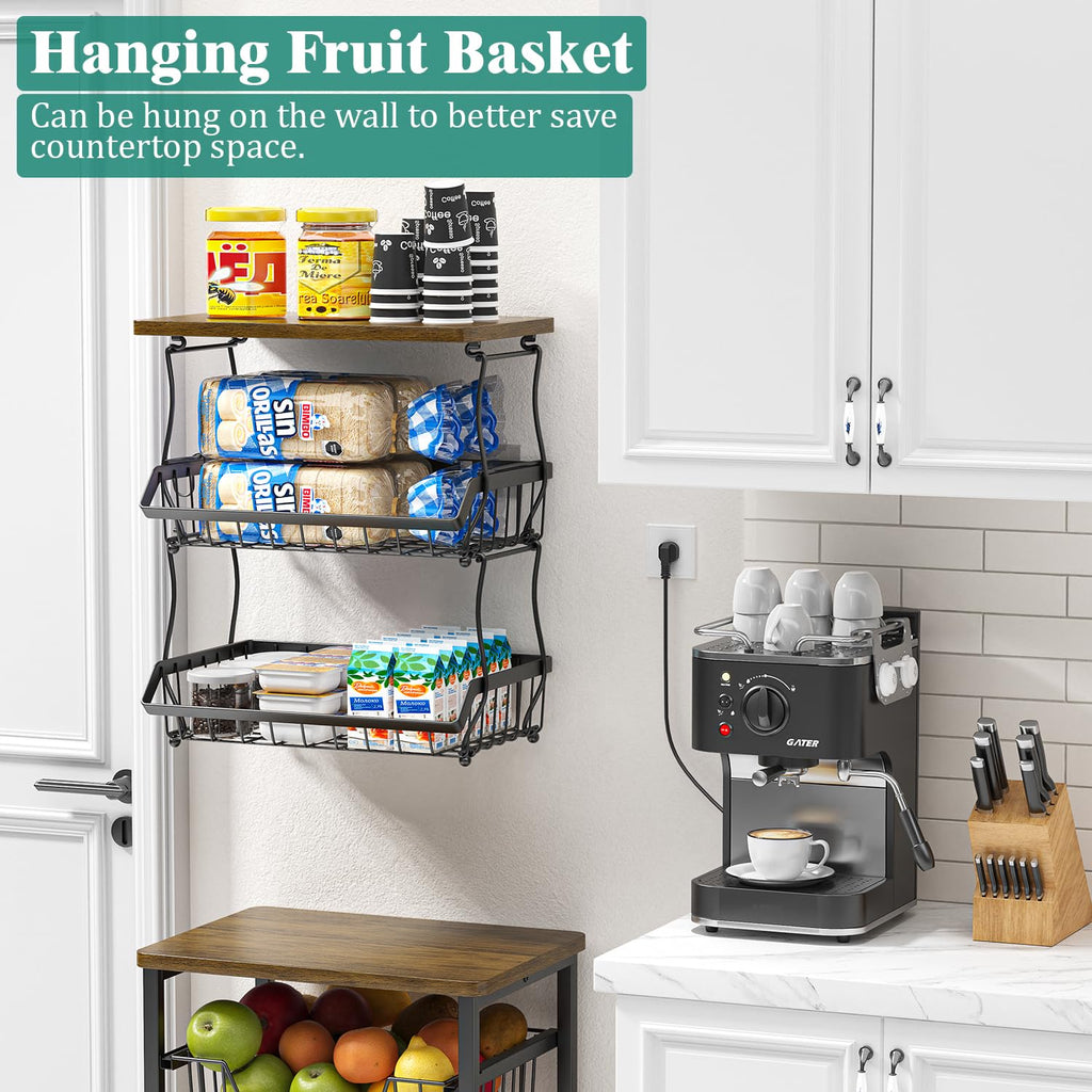 3 Tier Countertop Fruit Basket Bread Bowl with 2 Banana Hangers B4822