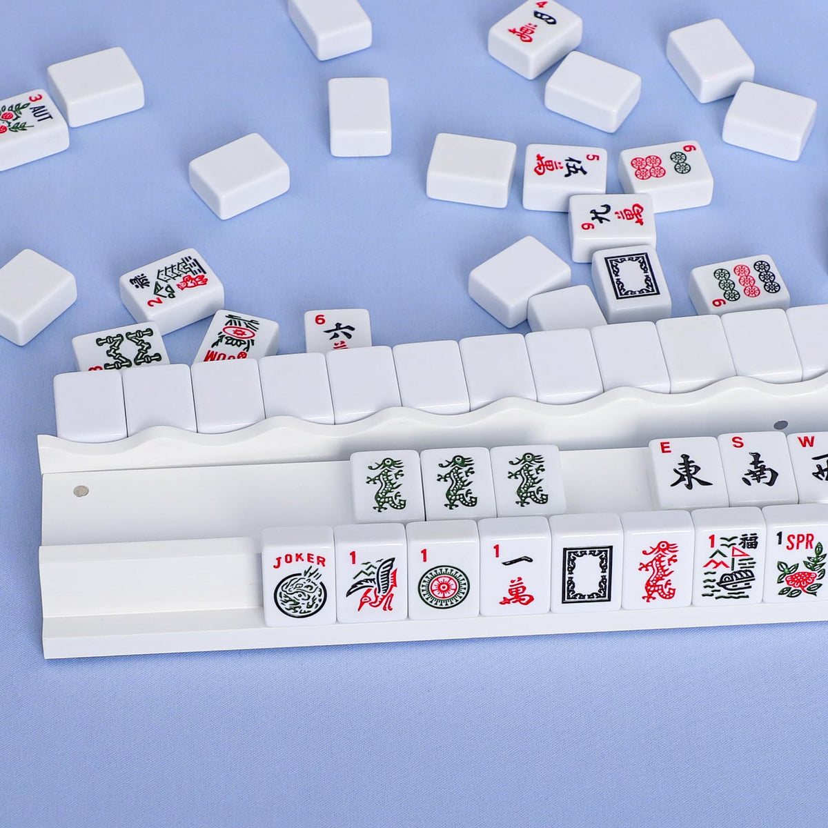 White Wooden Mahjong Racks with Pushers Set of 4 V61510