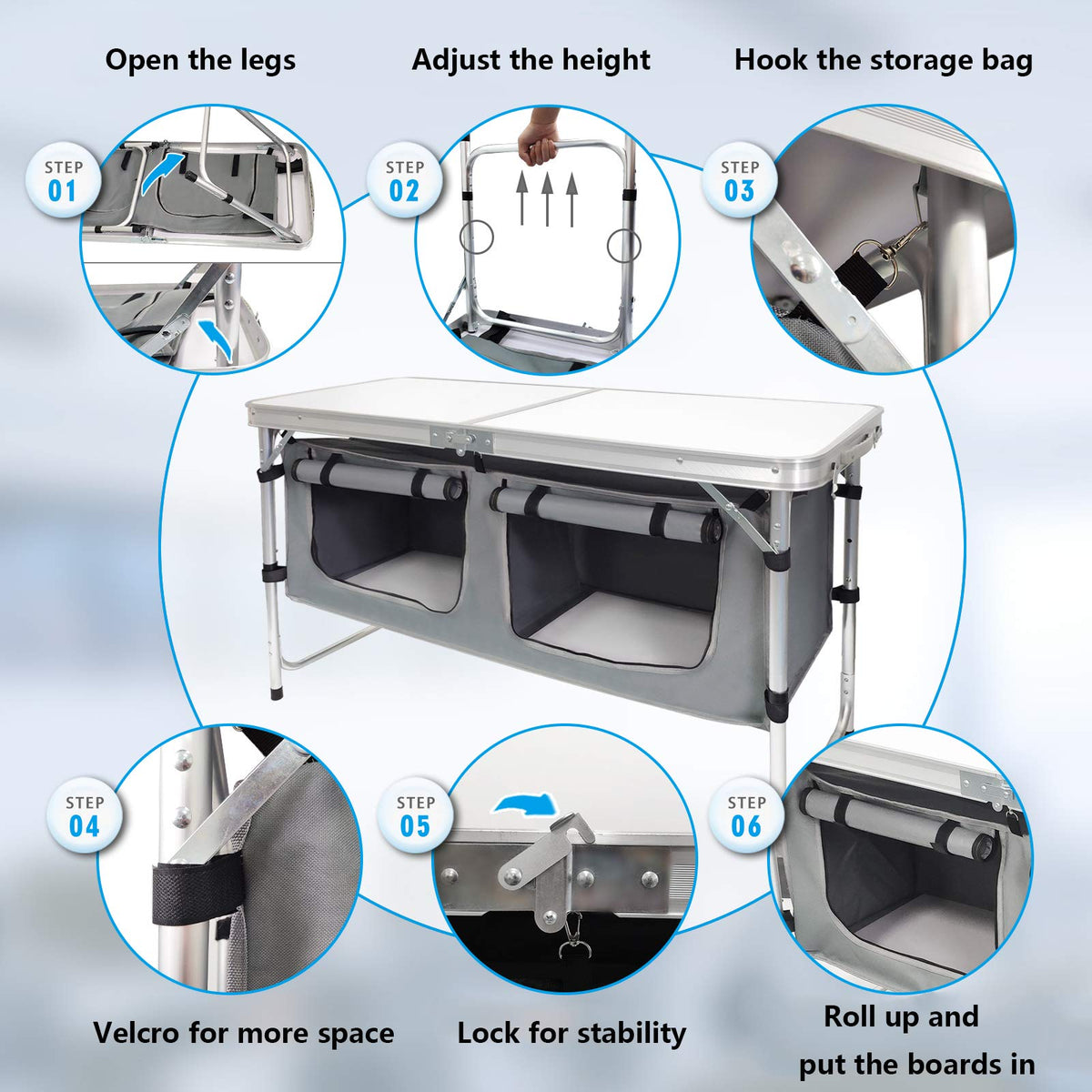 Aluminum Lightweight Height Adjustable Folding Table with Storage Organizer D3858