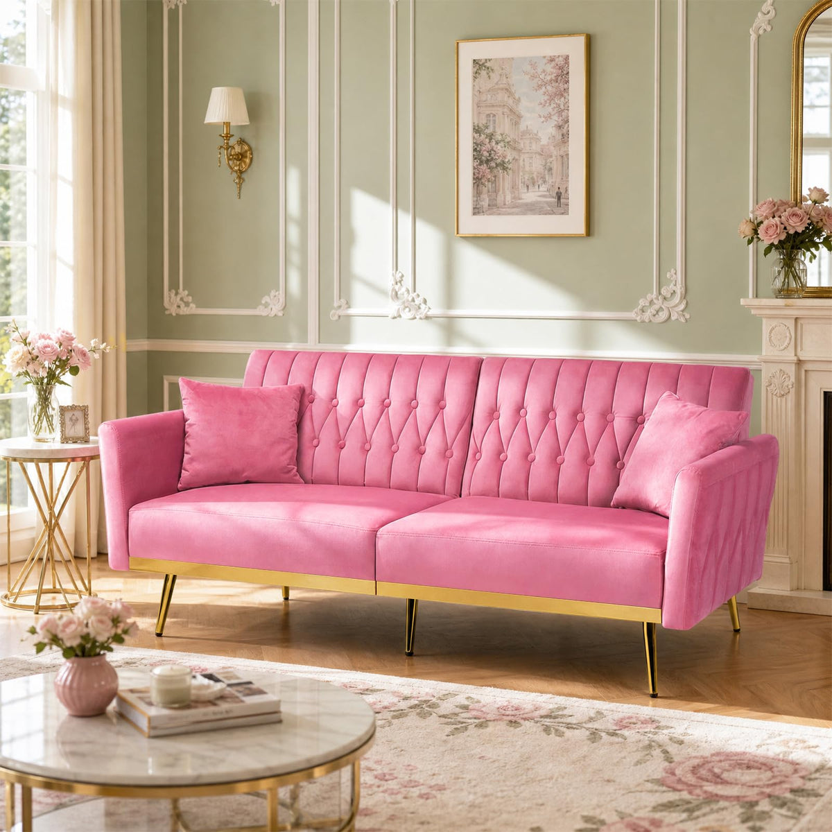 Pink Velvet Futon Sofa Bed I582581