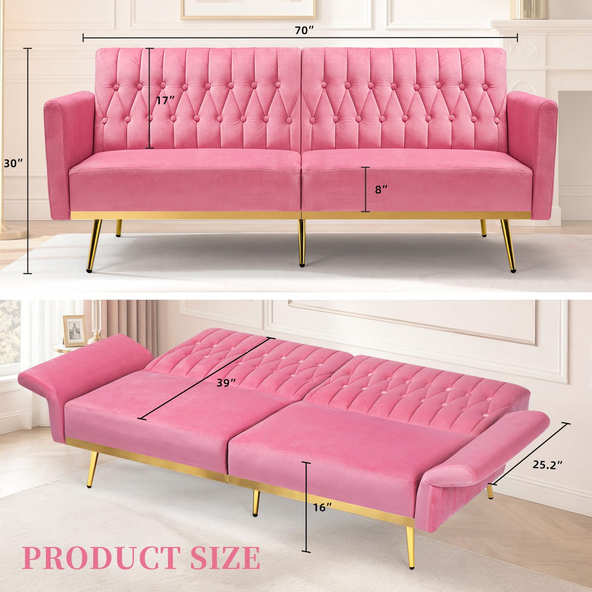 Pink Velvet Futon Sofa Bed I582581