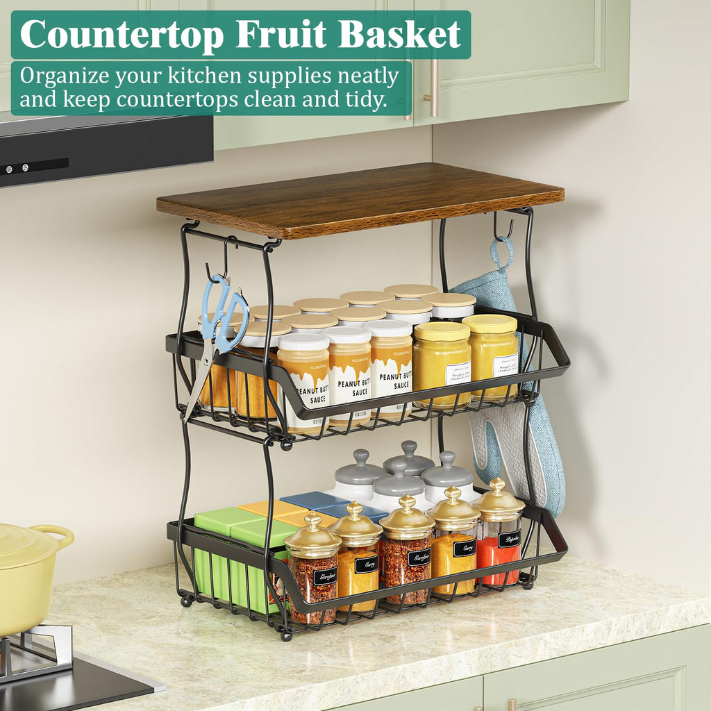 3 Tier Countertop Fruit Basket Bread Bowl with 2 Banana Hangers B4822