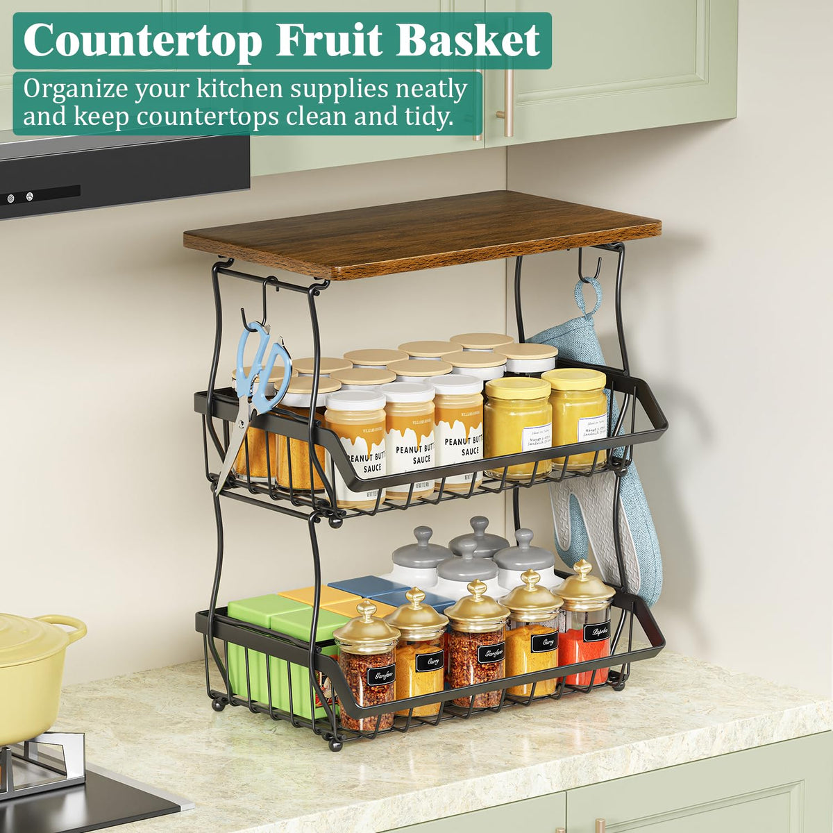 3 Tier Countertop Fruit Basket Bread Bowl with 2 Banana Hangers B4822