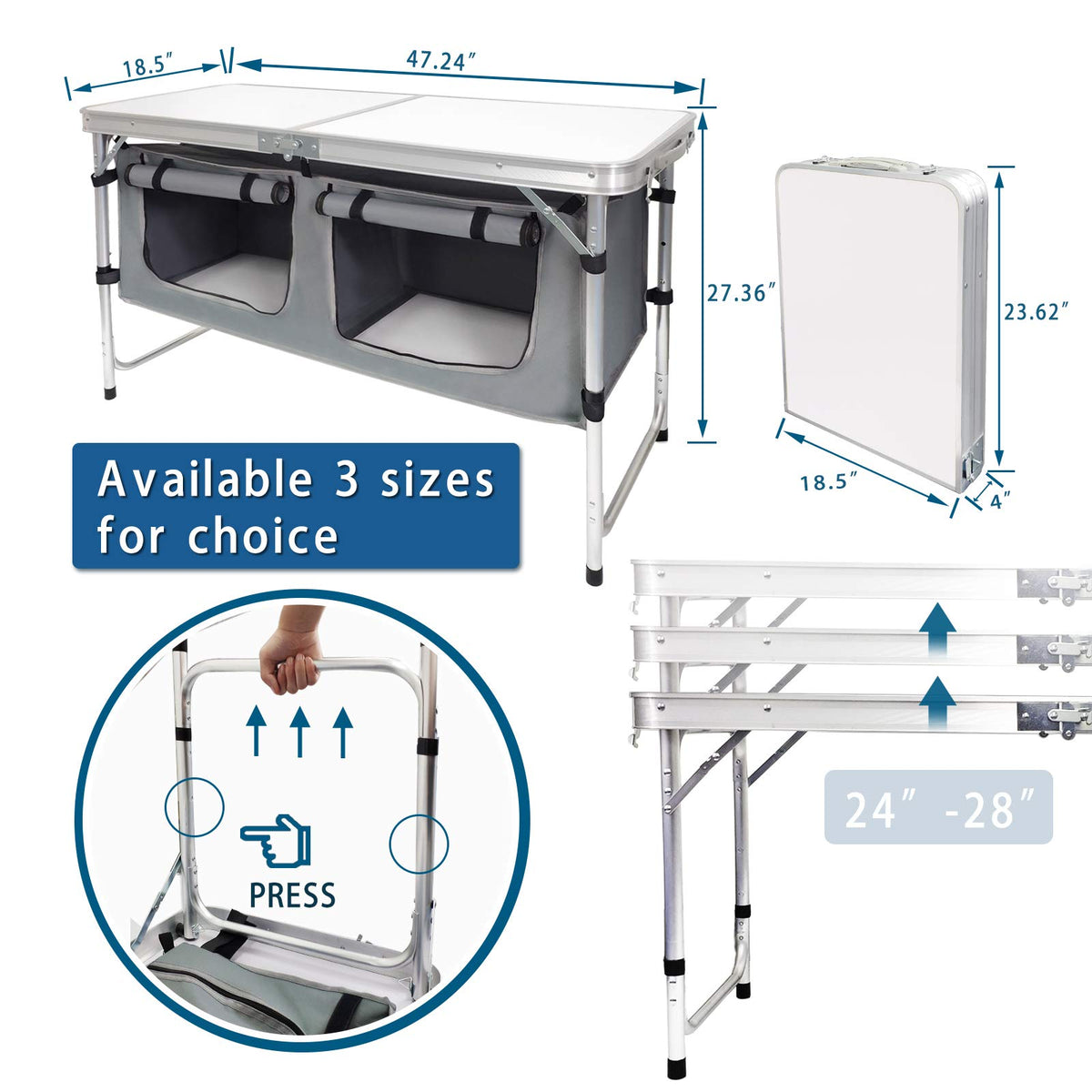 Aluminum Lightweight Height Adjustable Folding Table with Storage Organizer D3858