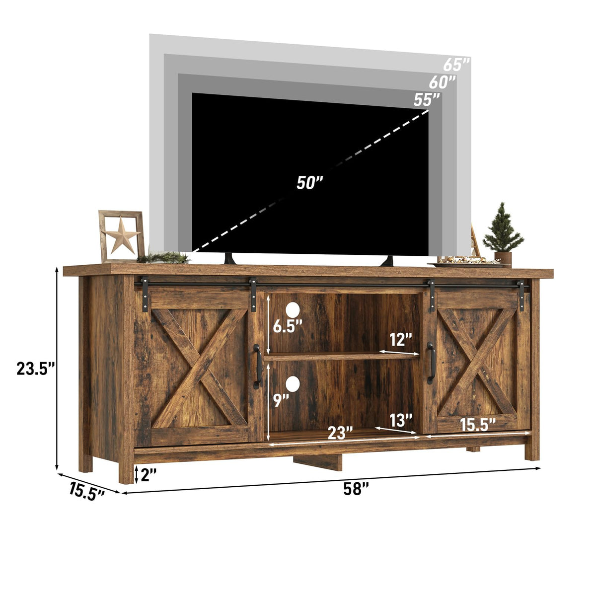 65 Inch Brown Wood TV Stand with Sliding Barn Door Y60553
