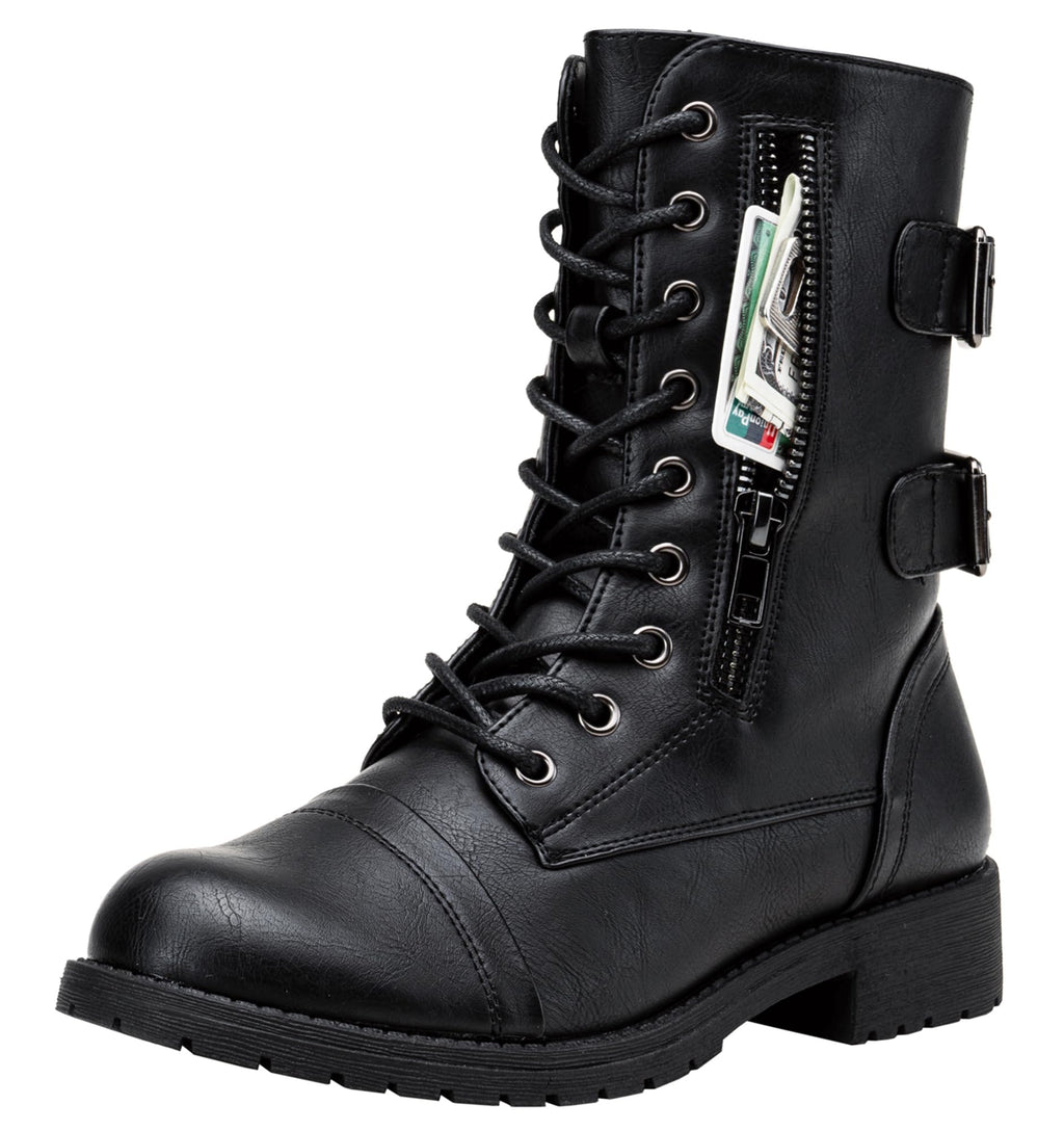 Women's Lace Up Mid Calf Combat Boots with Pocket G86064