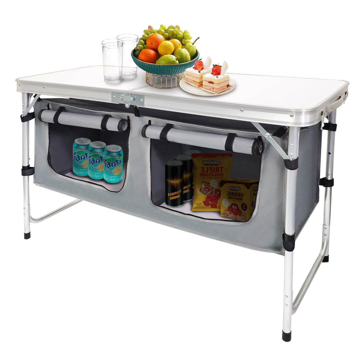 Aluminum Lightweight Height Adjustable Folding Table with Storage Organizer D3858