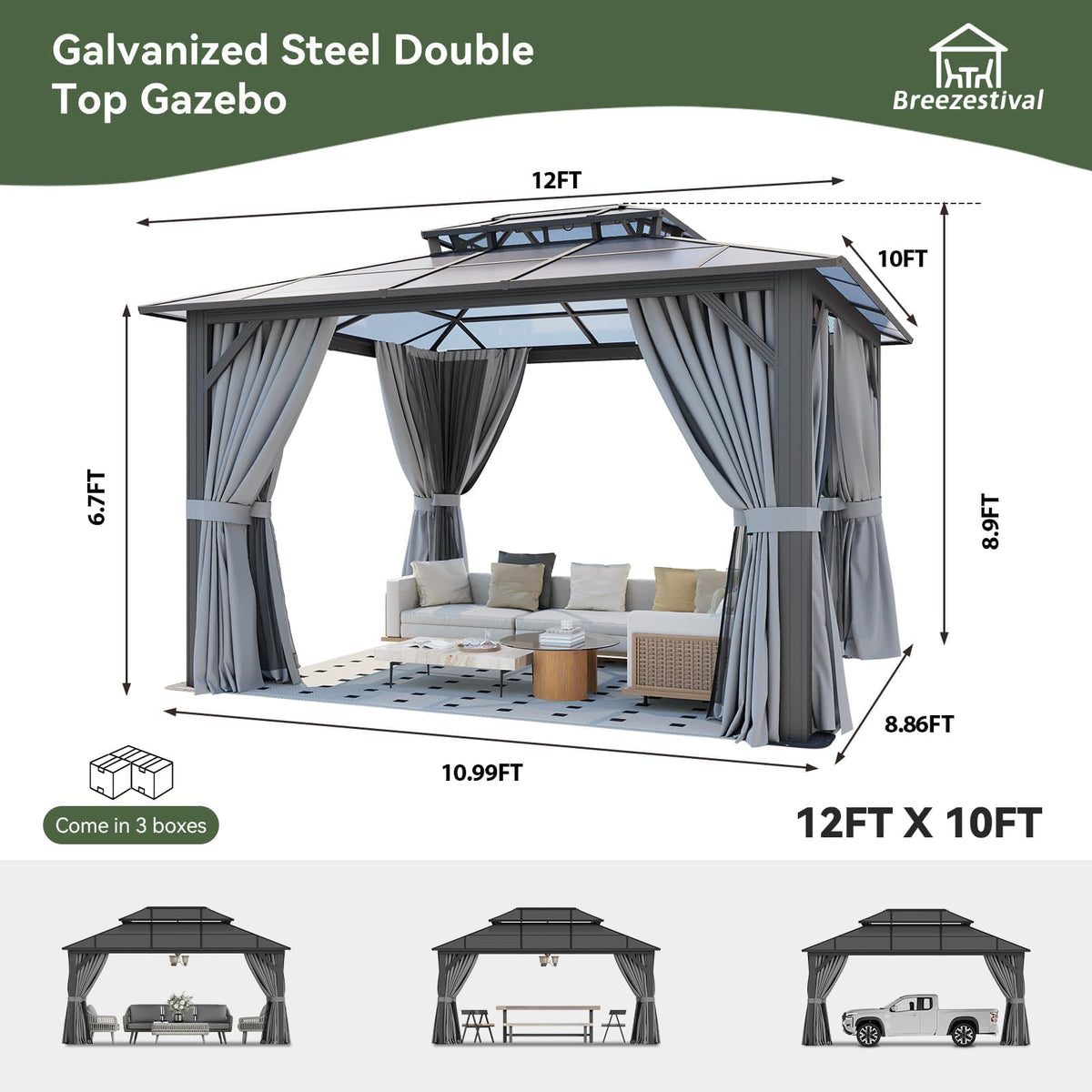 10'x12' Hardtop Aluminum Gazebo with Polycarbonate Roof, Curtains and Netting W1737