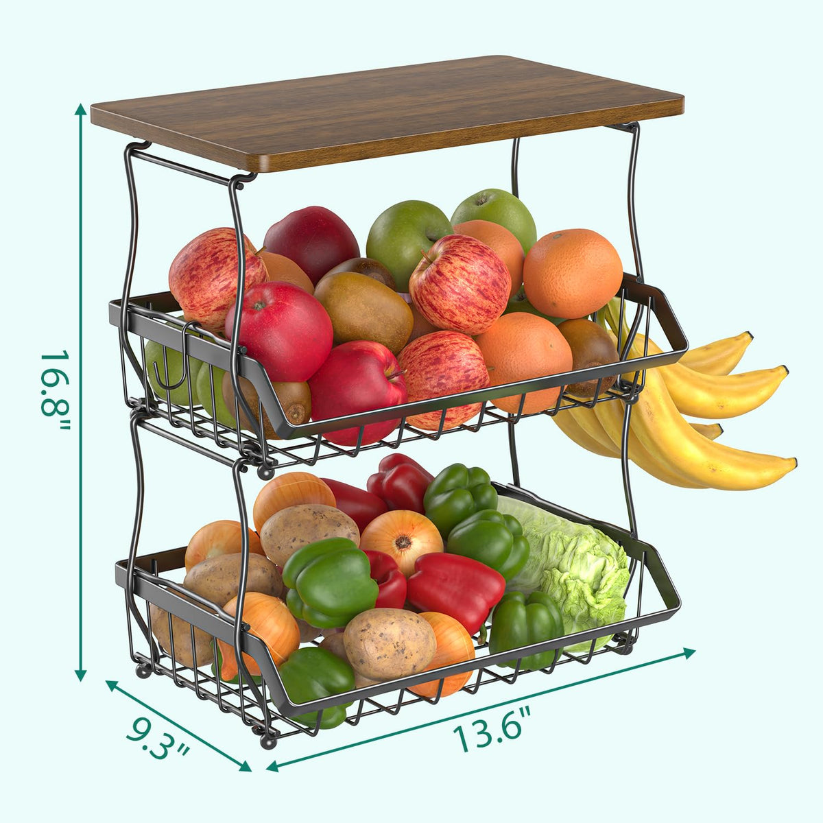 3 Tier Countertop Fruit Basket Bread Bowl with 2 Banana Hangers B4822