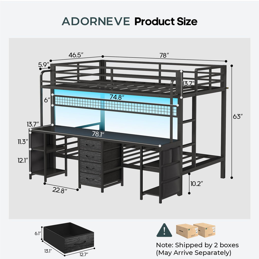 Twin Over Twin Bunk Bed with Desk and LED Lights P7002