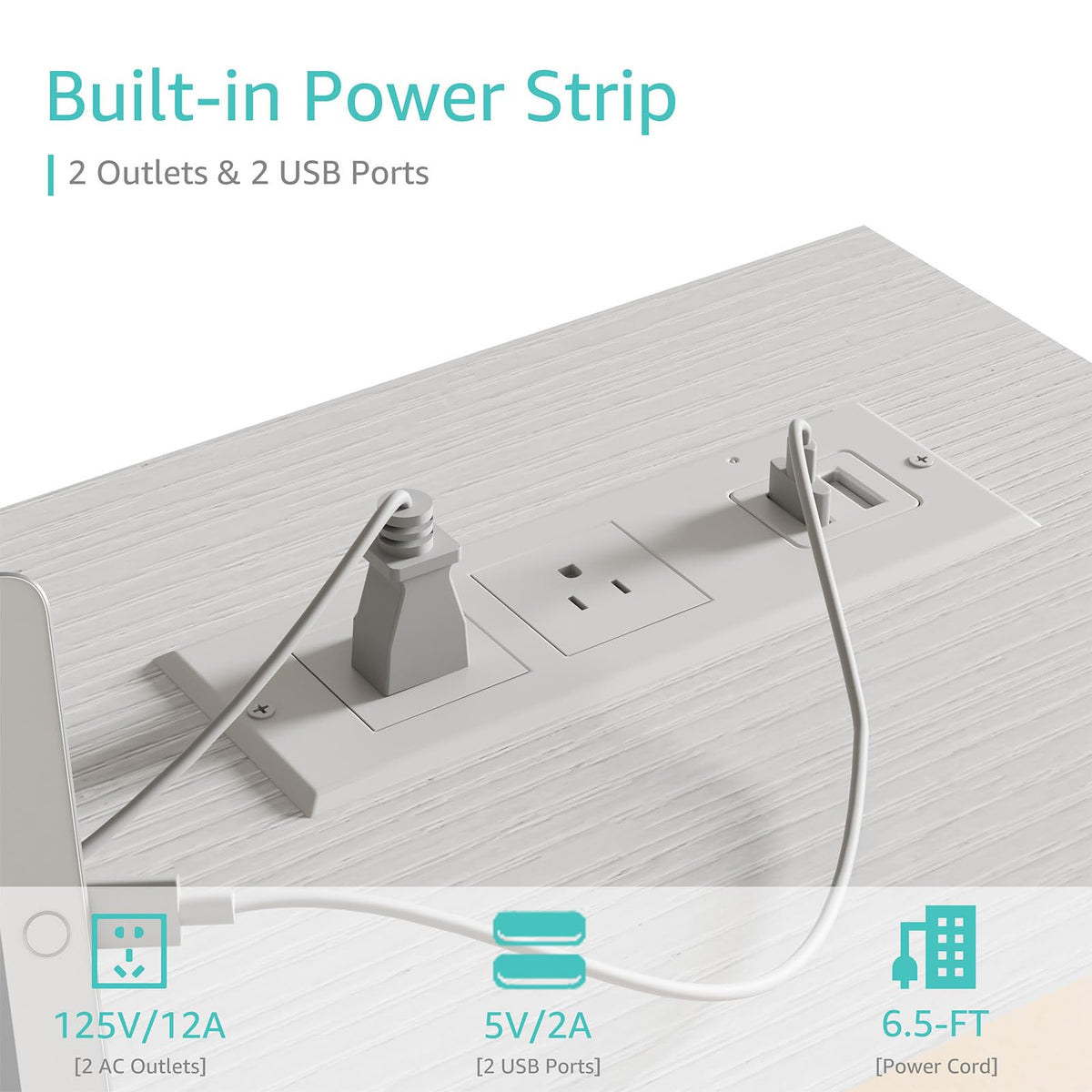 White 40 inch Computer Desk with Power Outlet and Storage Pocket L89455