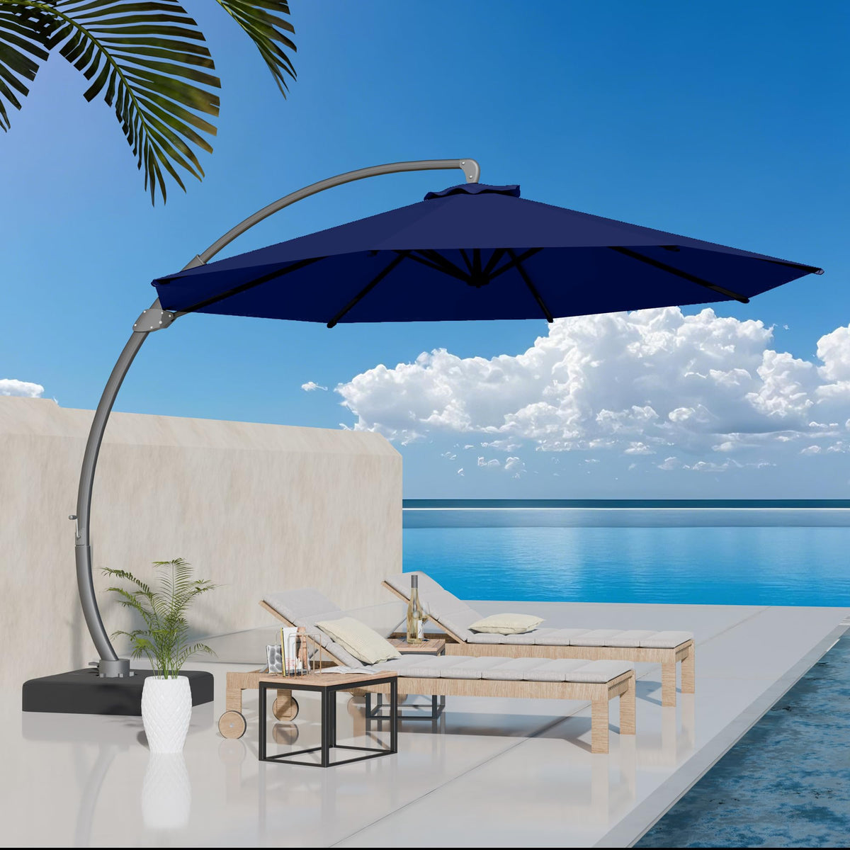 11ft Navy Blue Aluminum Cantilever Patio Umbrella with Base N60407