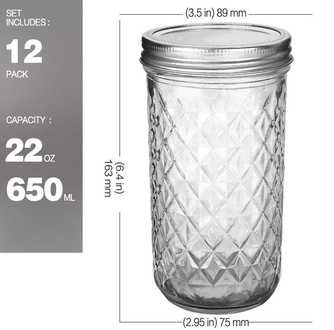 22 oz Wide Mouth Mason Jars with Lids and Bands W53098