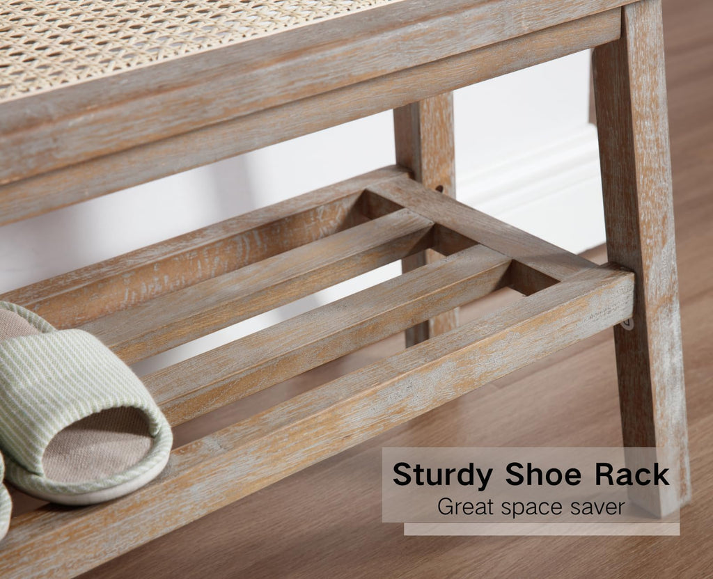 30 Inch Rattan Wooden Entryway Bench with Shoe Rack H778