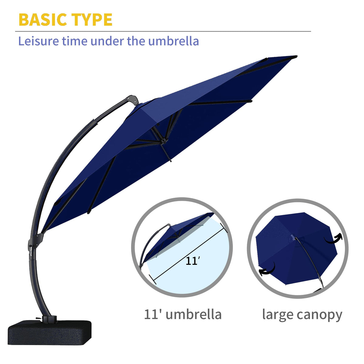 11ft Navy Blue Aluminum Cantilever Patio Umbrella with Base N60407