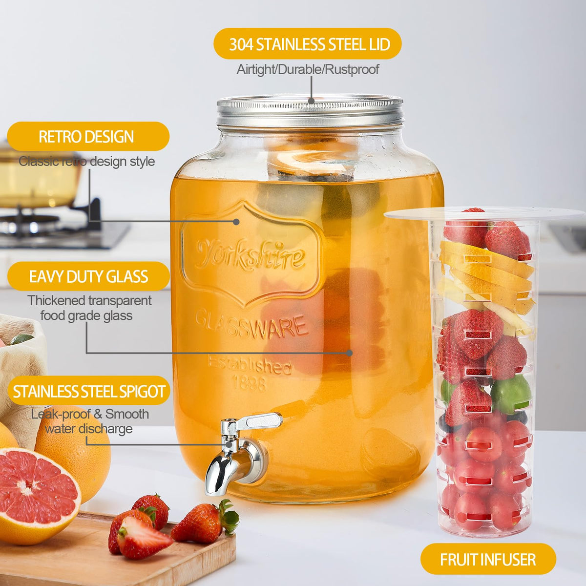 2 Gallon Glass Beverage Dispenser with Stand & Fruit Infuser L3693